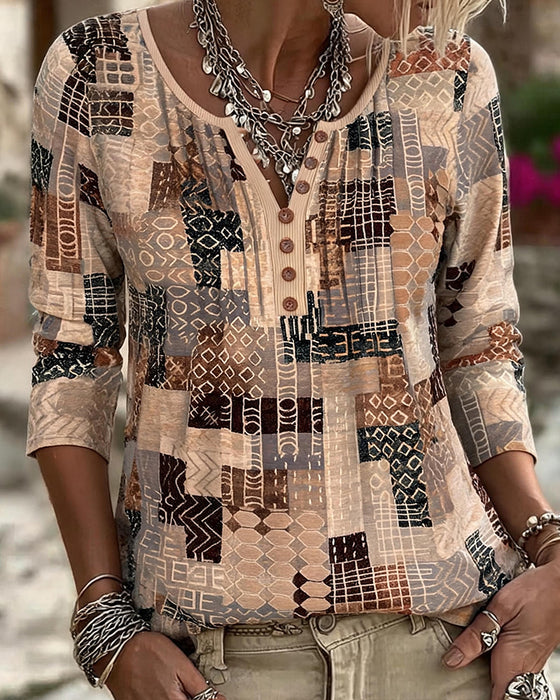 T-Shirt Geometrisk Patchwork Tryk Henley