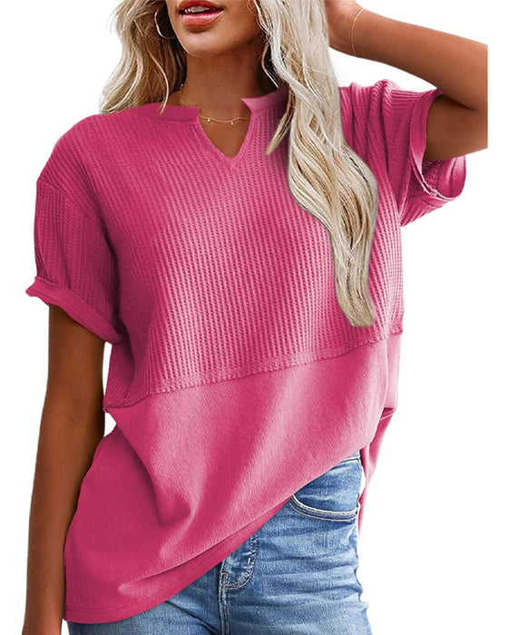 T-Shirt Indsnævret Talje Patchwork V-Udskæring Pullover