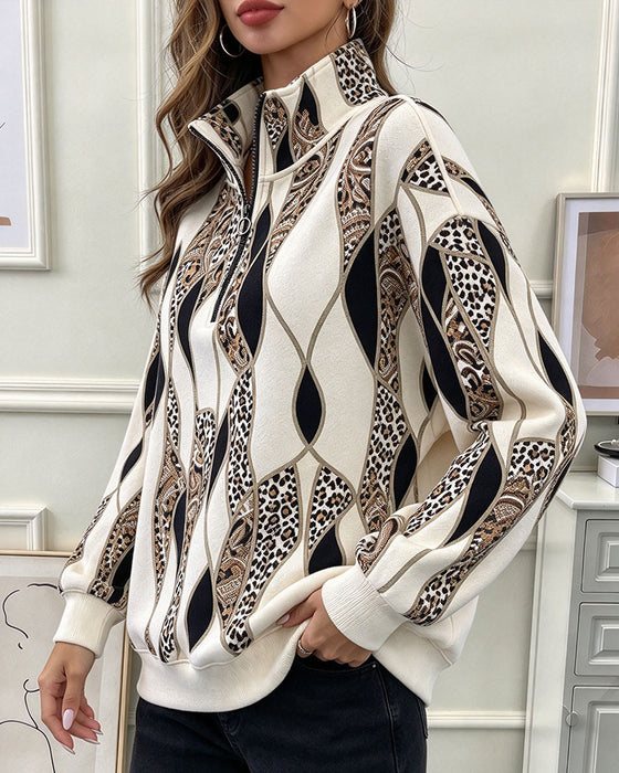 Sweatshirt Geometrisk Paisley Halv Lynlås Stående Krave