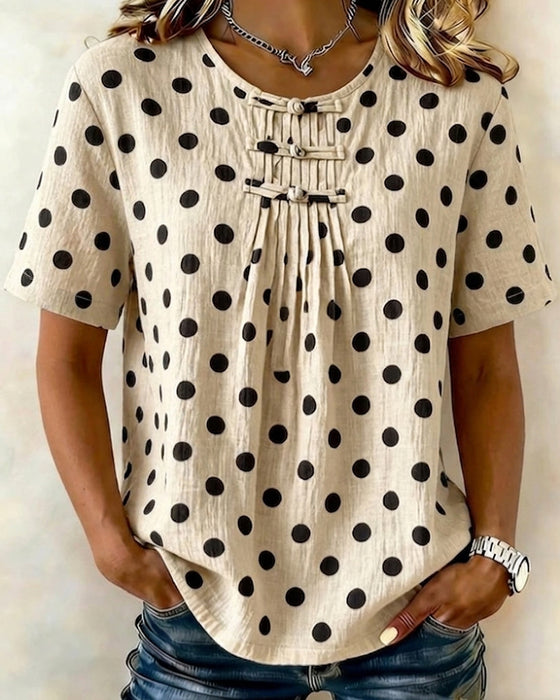 Bluse Polka Dot Frog Button Kort Ærme