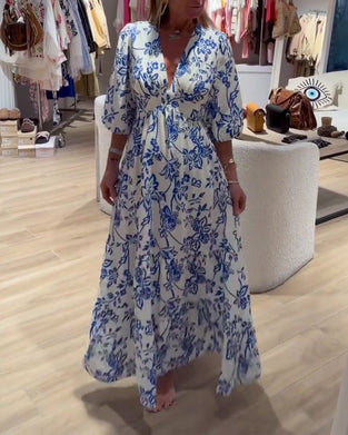Kjole Dyb V-Hals Elegant Blomstret Lang