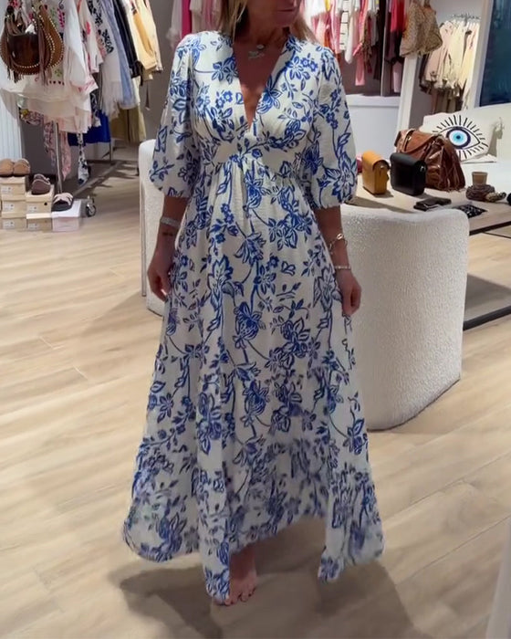 Kjole Dyb V-Hals Elegant Blomstret Lang