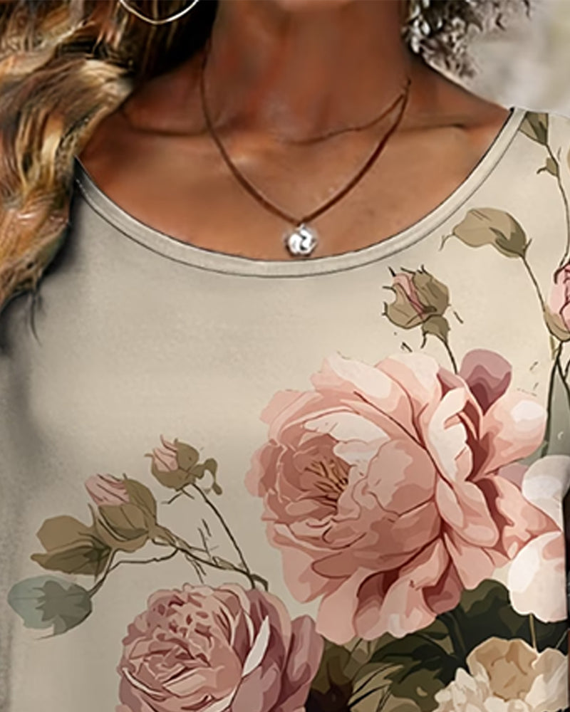 T-Shirt Vintage Stor Blomstret Asymmetrisk Kant Kort Ærme