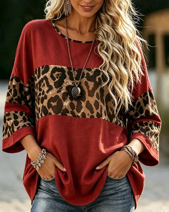 Top Rundhalset Leopard Farveblok