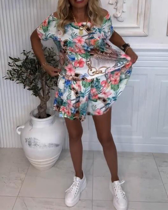 Jumpsuit Med Planter og Blomster Mønster, Off - the - Shoulder Stil