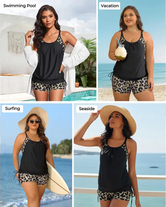 Tankini Ærmeløs Leopard Patchwork Snøre