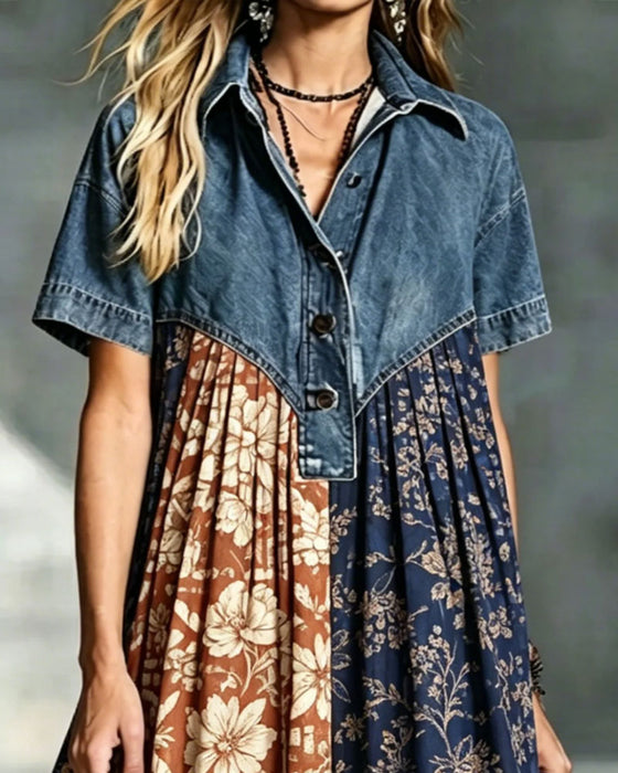 Kjole Skjortekrave Blomst Kontrast Denim Patchwork