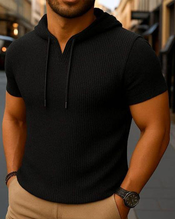 T-Shirt V-Hals Slids Lodret Stribe Kort Ærme Hoodie