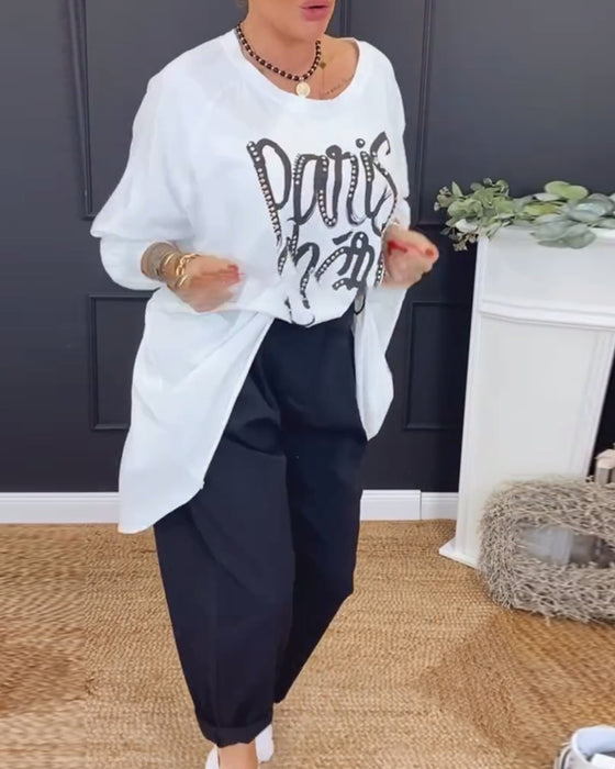 Top Rund Hals Uregelmæssig Bogstavtryk