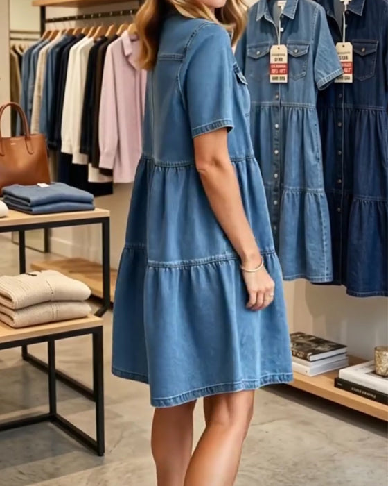 Kjole Denim Ruffle Lag Kort Ærme