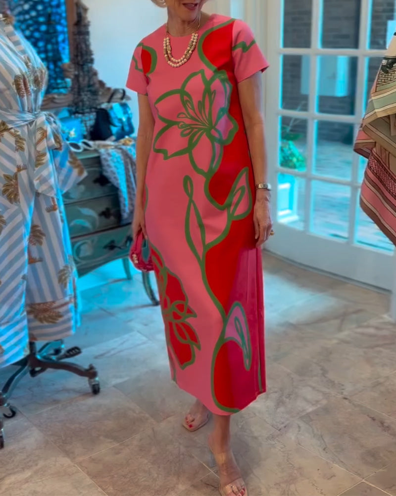 Kjole Farveblokeret Blomsterprint Lige