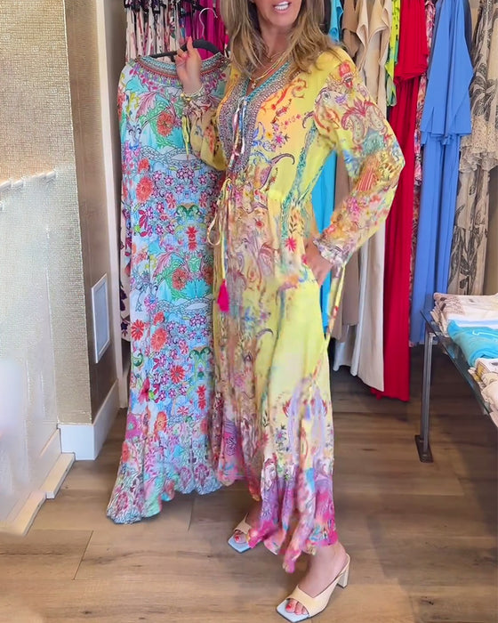 Langærmet resortkjole med print