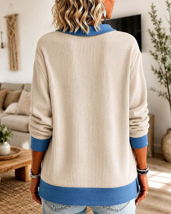 Top Farveblok V-Hals Casual