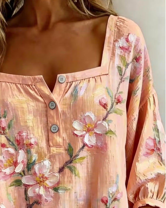 Bluse Blomstret Tryk Firkantet Halsudskæring