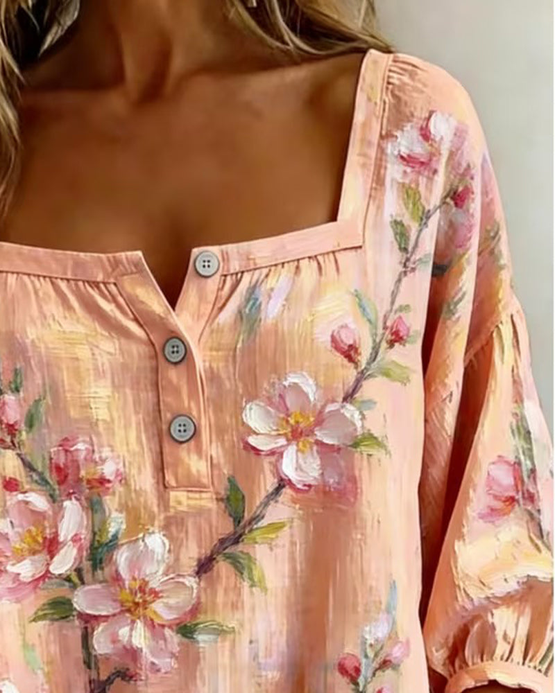 Bluse Blomstret Tryk Firkantet Halsudskæring