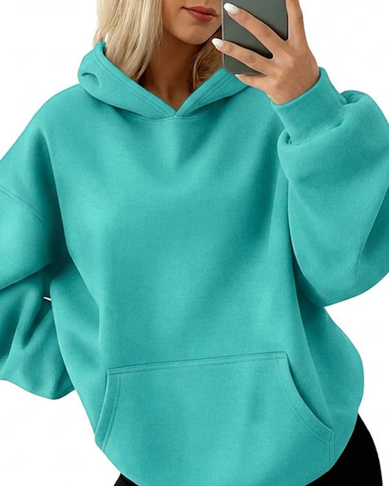 Hoodie Med Hætte Lomme Solid Løs