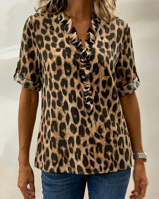 Bluse Klassisk Leopardprint Flæse