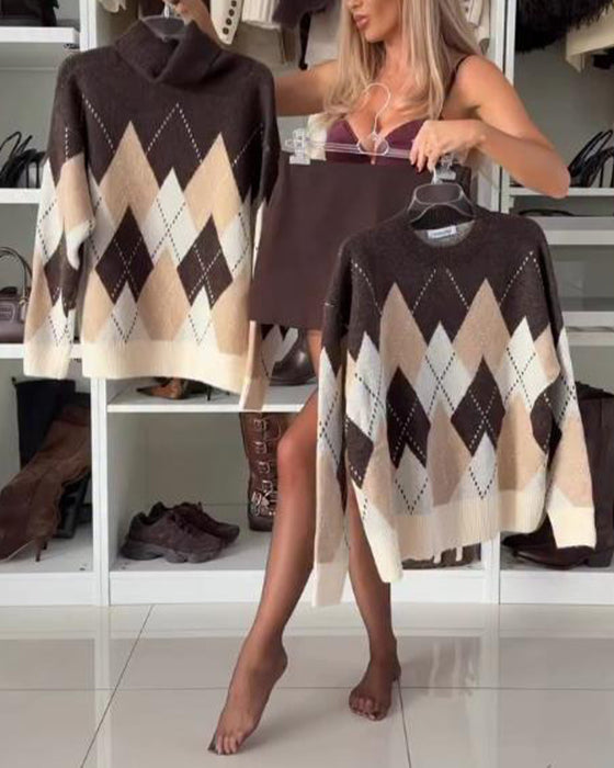 Pullover Med Argylemönster, Strumpfhals Design Och Oversized Passform