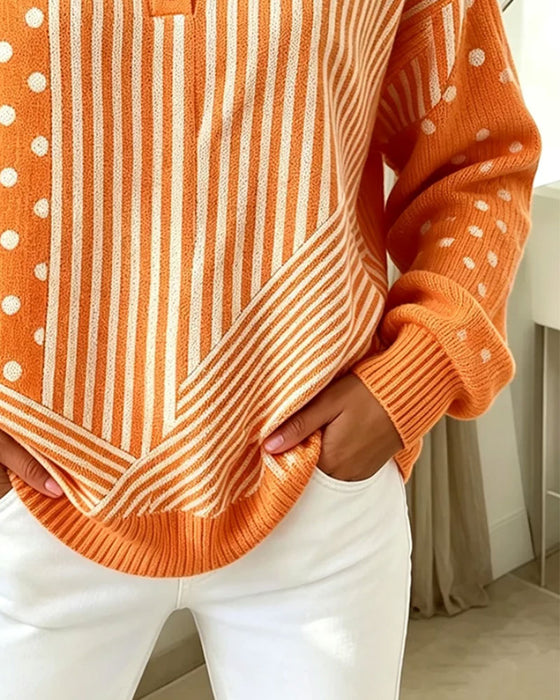 Pullover Knap Foran Stribe Prikket Drop Skulder Strikket