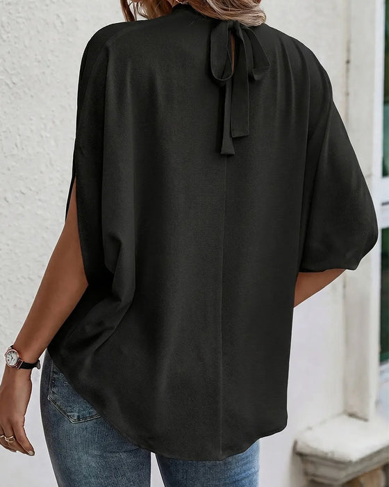 Bluse Mock Neck Plisseret Tre Kvart Ærme Ensfarvet