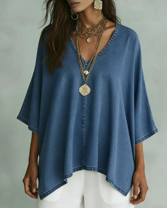 Bluse I Løs Denim Med Asymmetrisk V-Hals