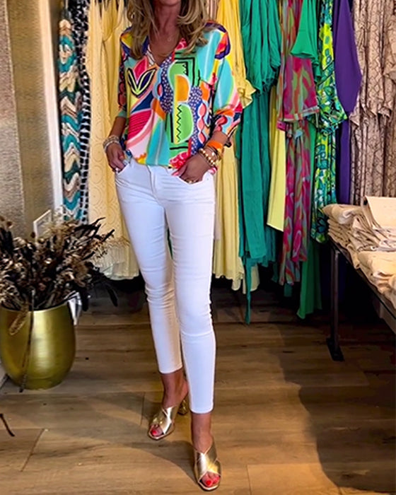 Farverig langærmet bluse med print