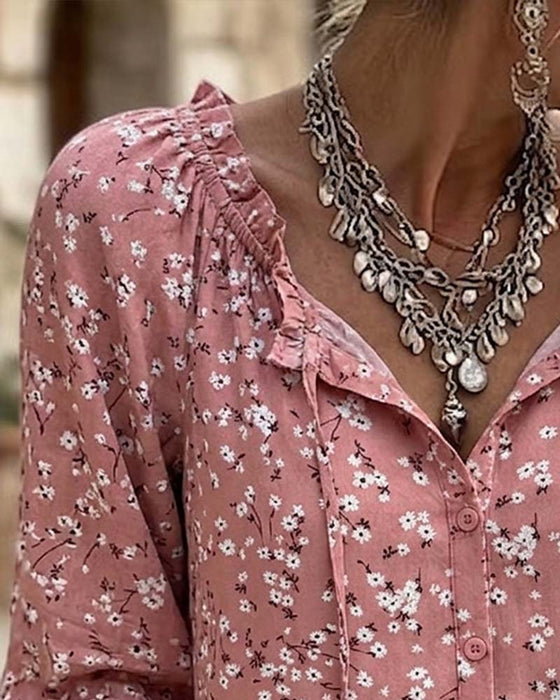 Bluse V-Hals Blomstret Stropper Rynkeærme