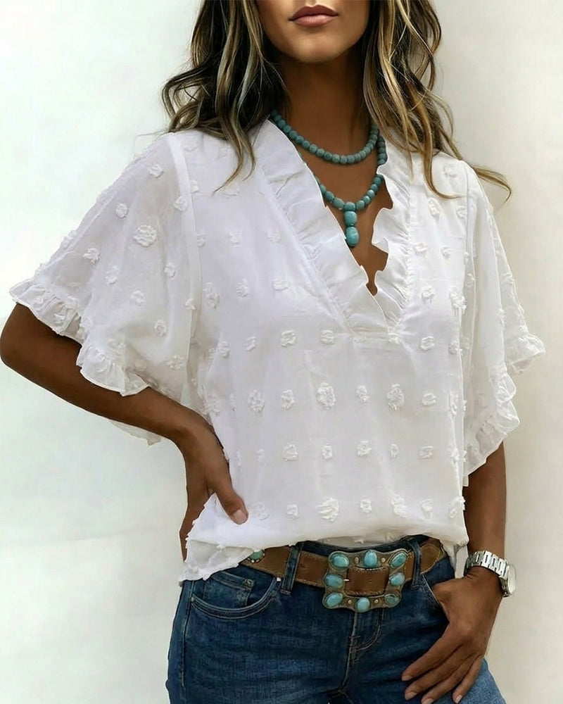 Blouse Jacquard V-Udskæring Flæse