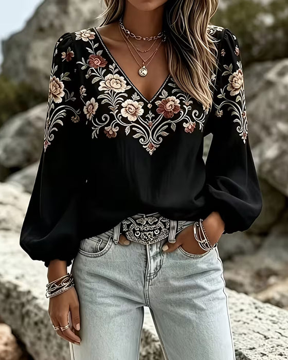 Bluse V-Hals Blomstret Casual