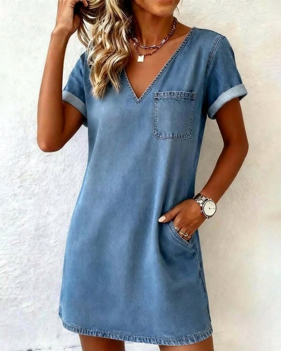 Kjole Denim V-hals Kortærmet Shift