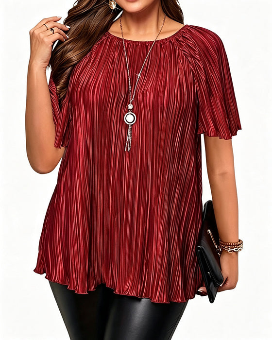 T-Shirt Plus Size Solid Plisseret Kort Ærme