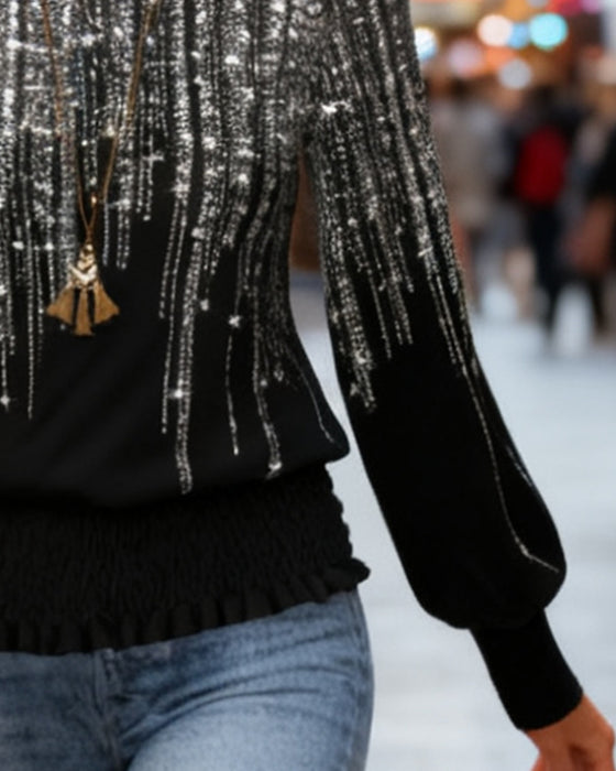 Moderne Trykt Langærmet Top Med Rund Halsudskæring