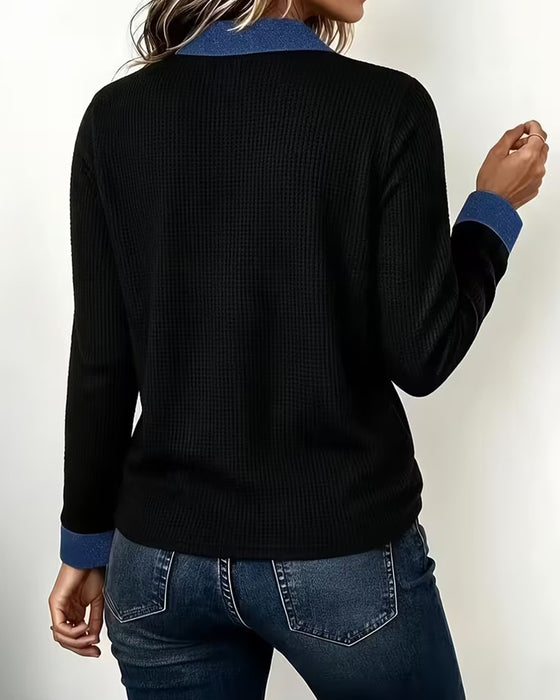 Bluse Afslappet Denim Krave Panel Lang Ærme