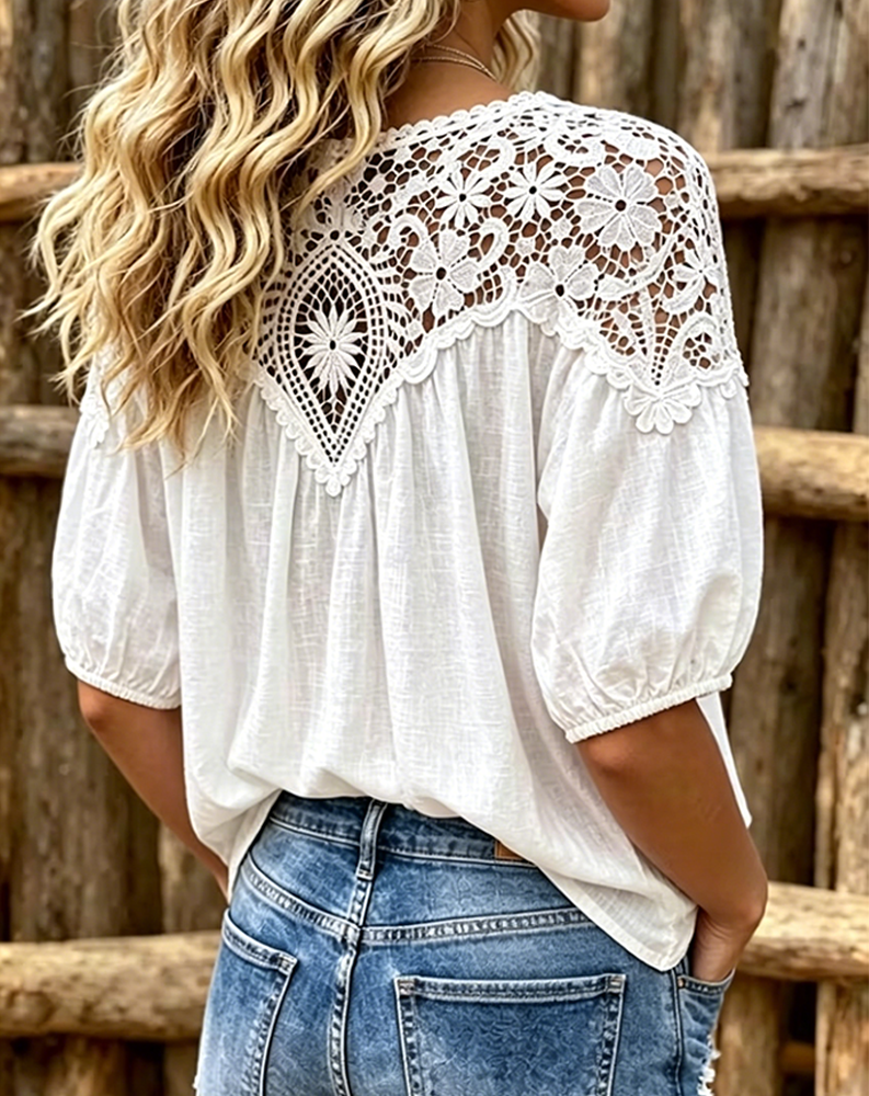 Bluse Puf Kort Ærme Blonde Patchwork V-Hals