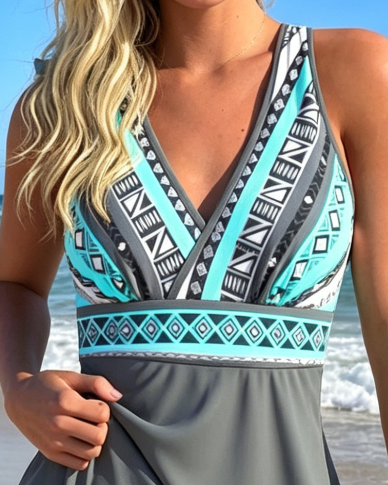 Swimdress Ærmeløs V-Hals Geometrisk Tryk
