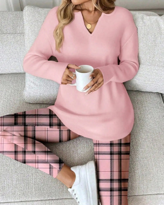 Sæt V-Hals Ensfarvet Top + ternet Bukser Loungewear