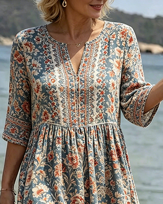 Kjole Mini V-Hals Blomstret Patchwork