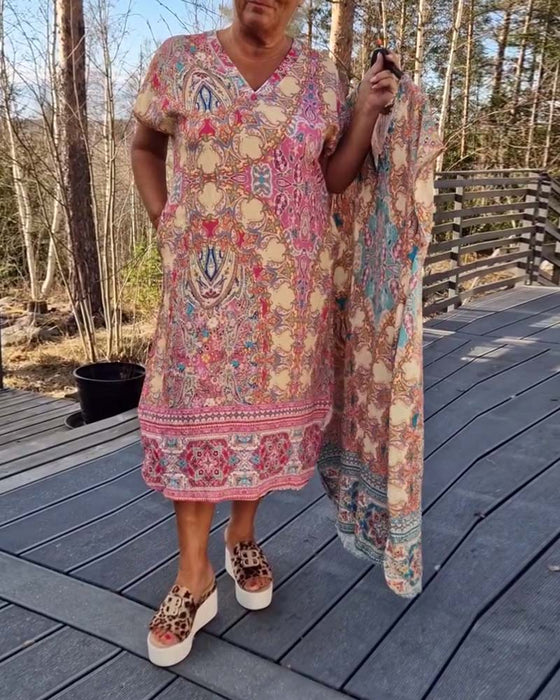 Kjole V-Hals Korte Ærmer Mønstret Løs