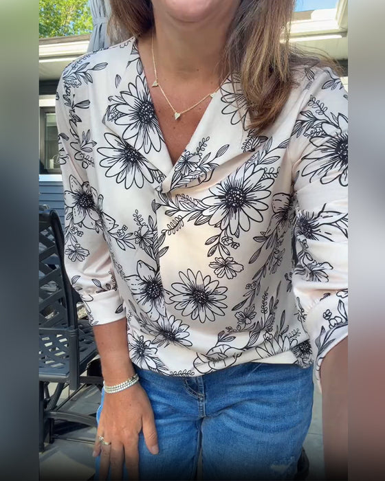 Bluse Blæk Vask Blomstrende Tre Kvart Slag