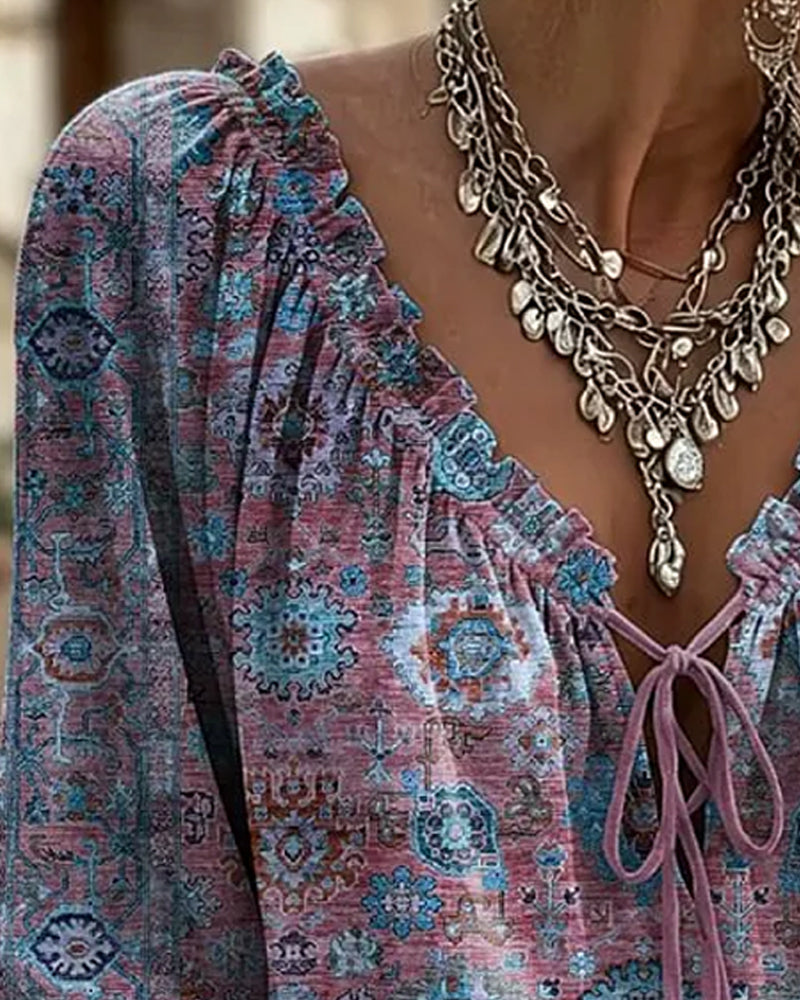 Bluse V-Hals Bindebånd Vintage Tryk