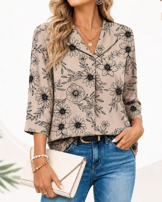 Bluse Blæk Vask Blomstrende Tre Kvart Slag