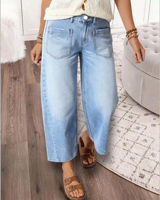 Jeans Denim Elastisk Talje Bredt Ben Croppet