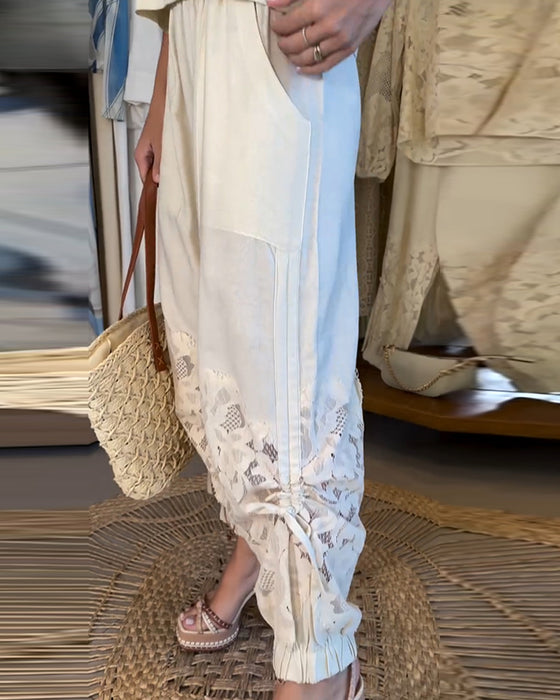 Pants Ensfarvet Blonder Patchwork Rynket Lang