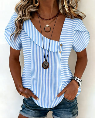 Bluse Stribet Puffærme Asymmetrisk