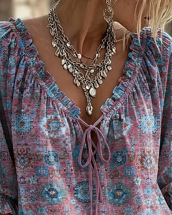 Bluse V-Hals Bindebånd Vintage Tryk