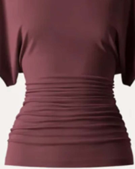 Bluse Casual Ensfarvet Plisseret Kort Ærme