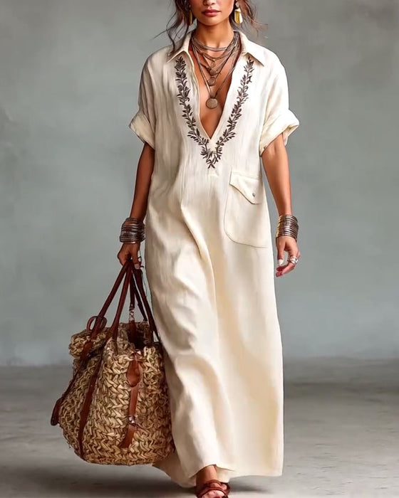Kjole Dyb V-Hals Print Casual Maxi