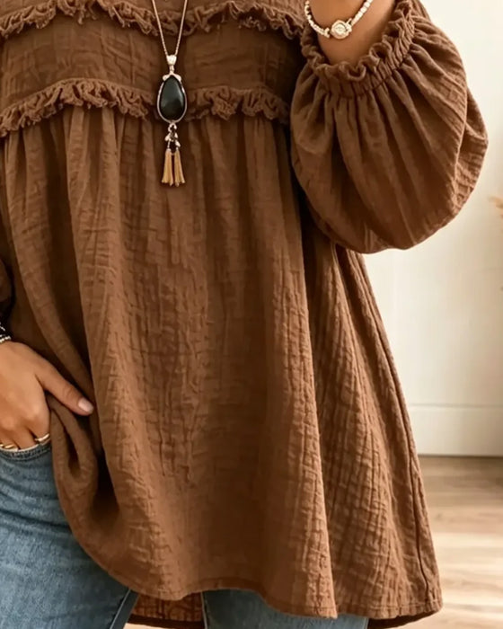 Bluse Ensfarvet Rynket Casual