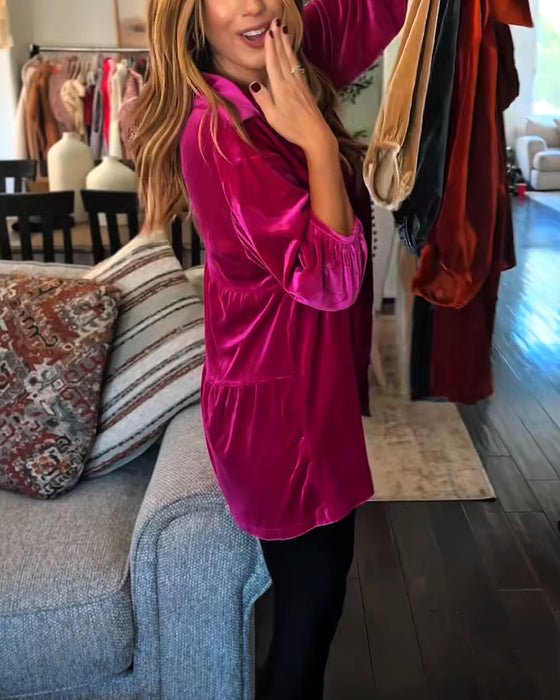 Løstsiddende Velourbluse Med Trekvartærmer