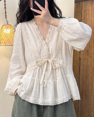 Bluse V-Hals Boble Ærme Blonder Patchwork Udstillet